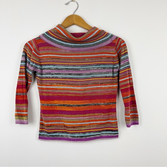 Vintage 90s Y2K Style Striped Cowl Neck Turtleneck Short Silk Sweater - Picture 2 of 5